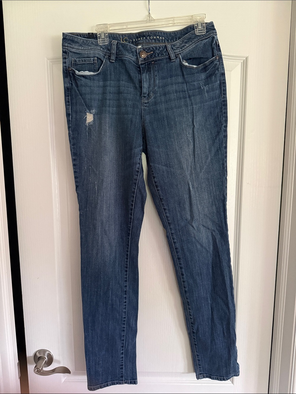 LC Lauren Conrad Distressed Mid-Dark Blue Skinny Jeans
